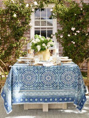 Pottery Barn Nila Medallion Block Print Tablecloth Blue White 70" x 126" NWT